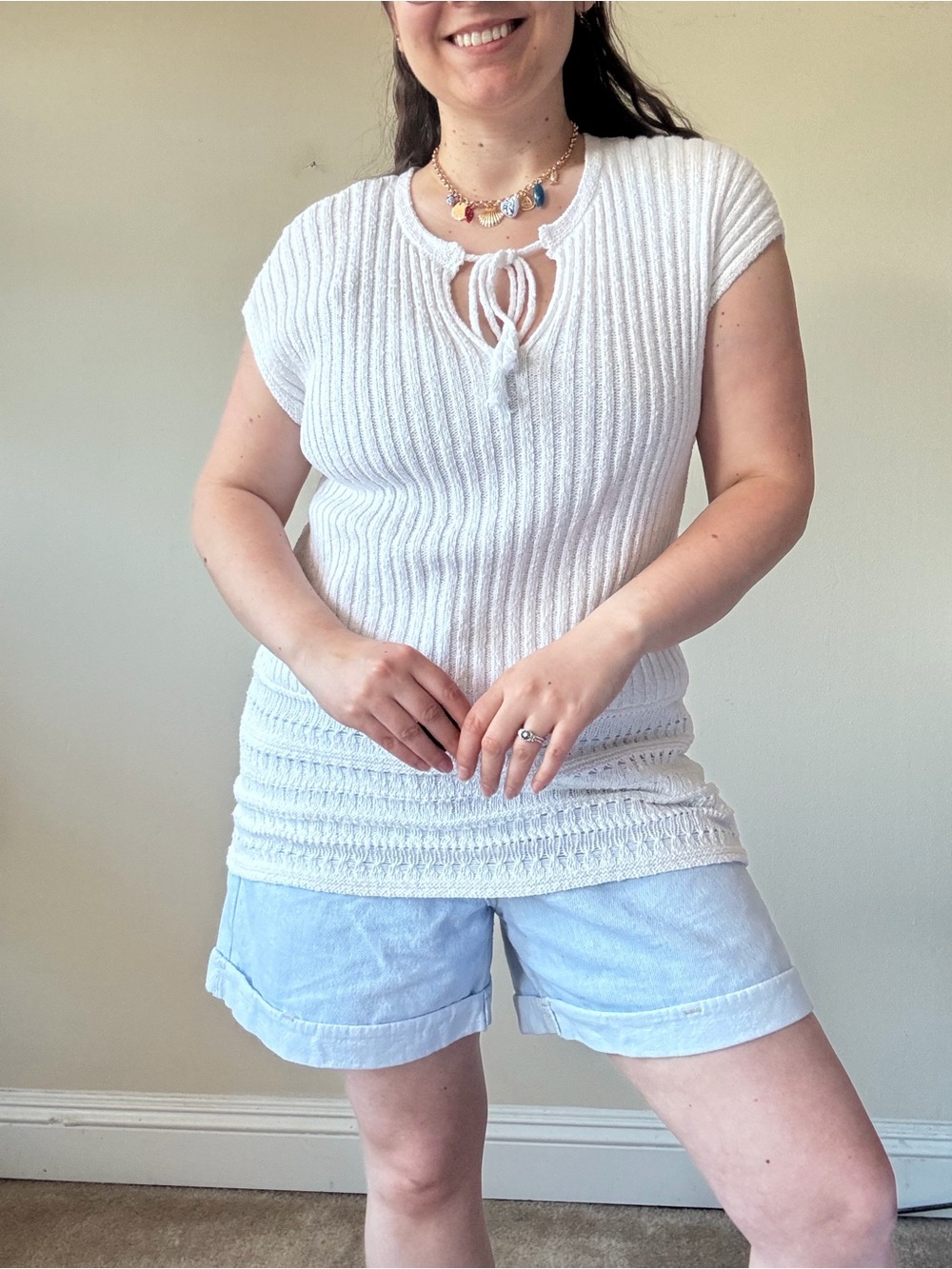 Kinross White Ribbed Tie-Front Knit Top